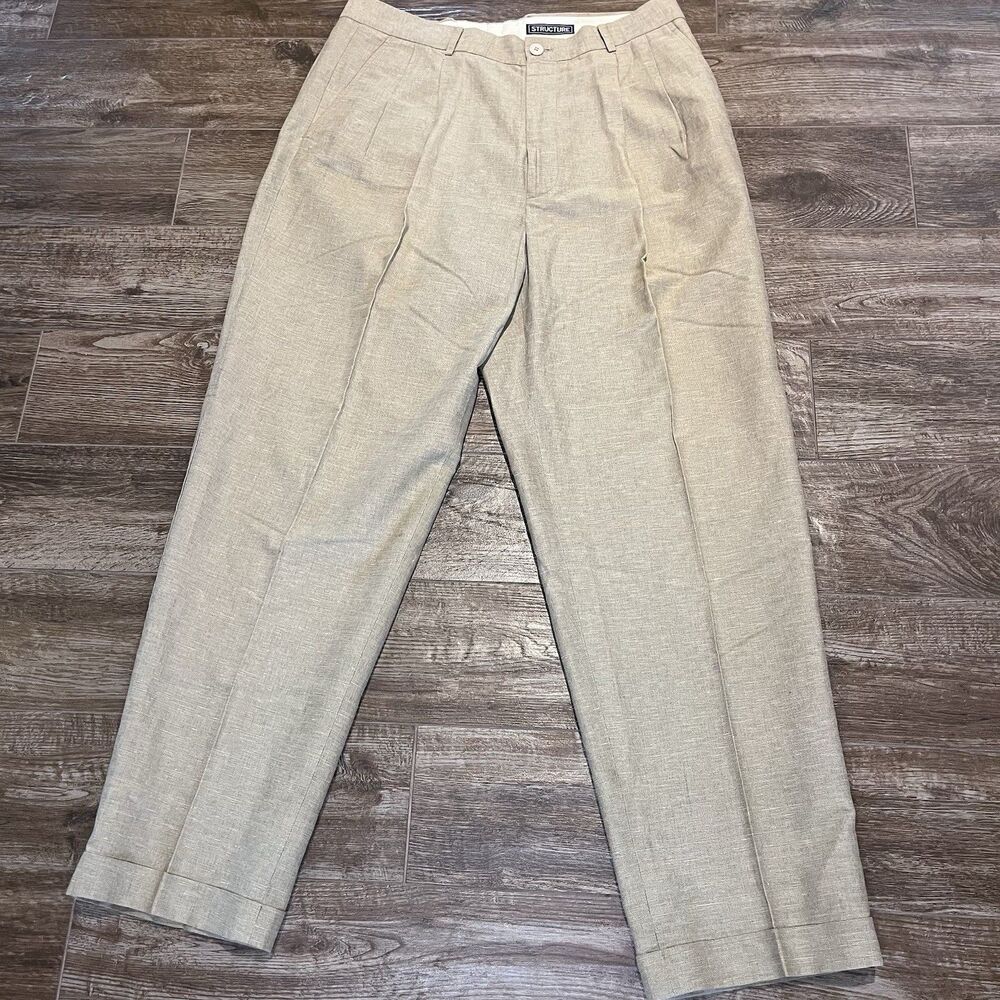 Vintage Structure Linen Pants Mens 36x32 Brown Pleated Cuffed Trousers Chino
